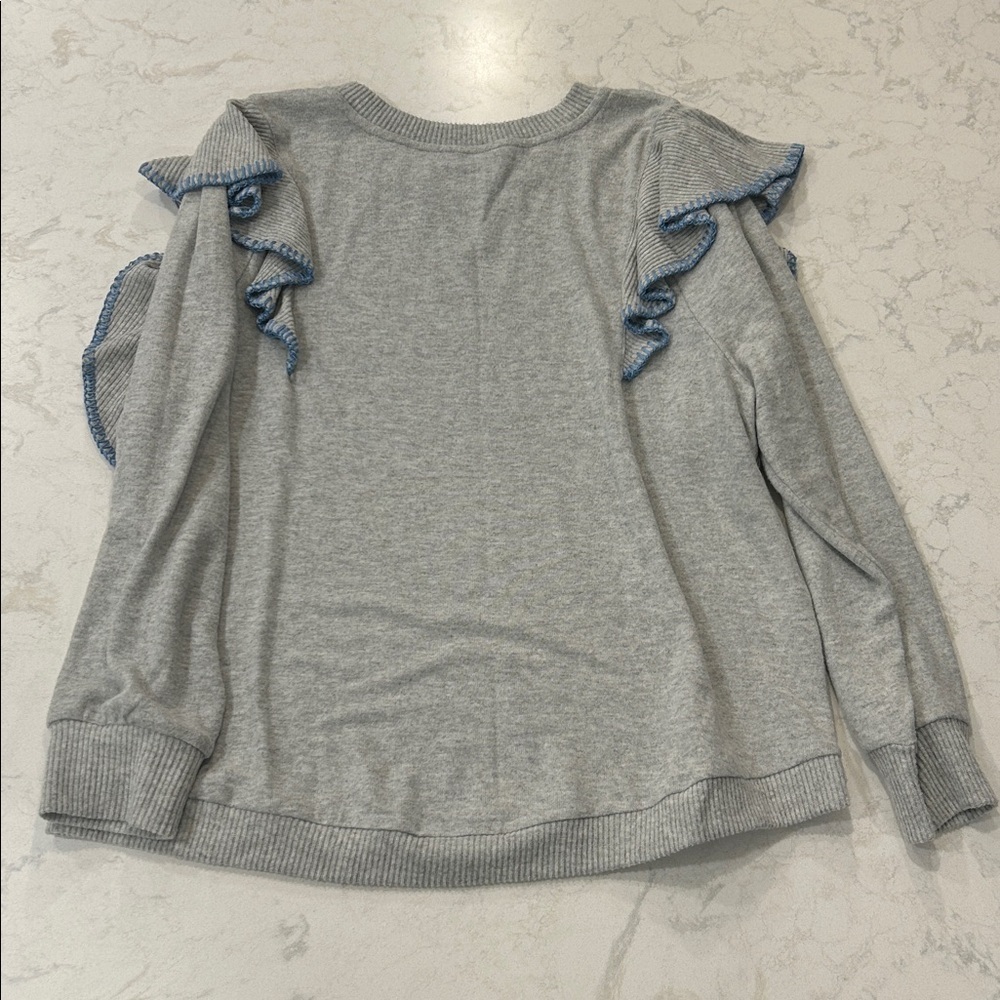 Democracy Brushed Sweater Knit Ruffled Top Light Heather‎ Gray Blue Ruffle Trim - Picture 9 of 15